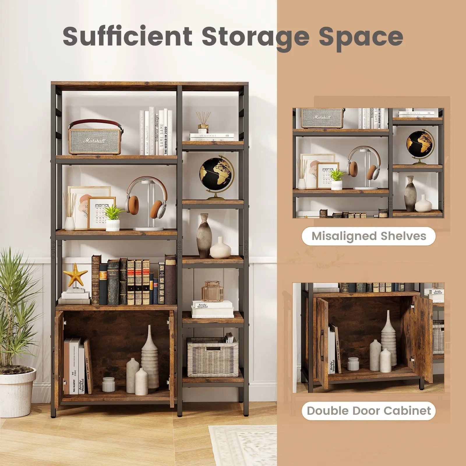 Double Wide 8-Tier Bookshelf with 2-Door Cabinet for Living Room Home Office-Rustic Brown by DirectDeals