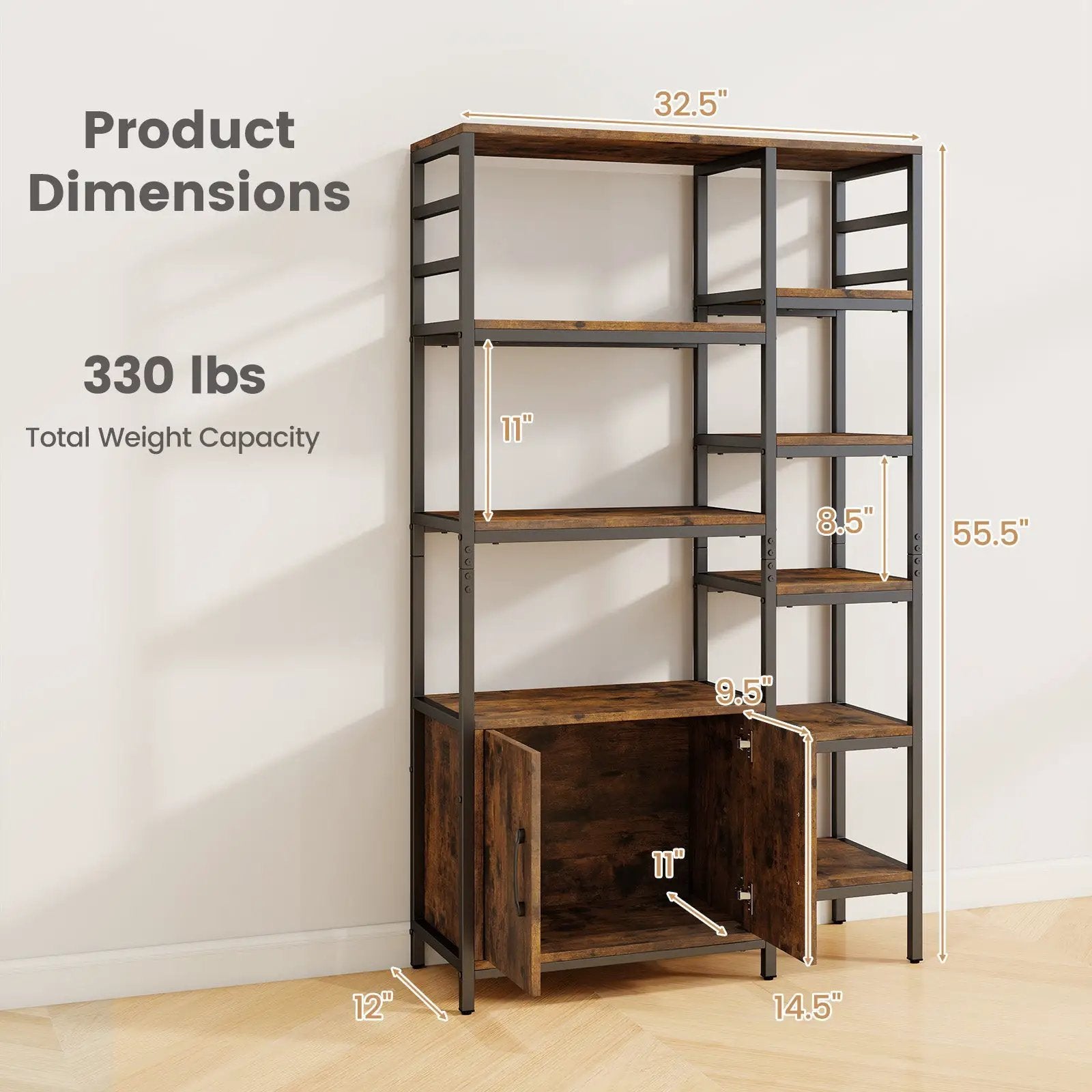 Double Wide 8-Tier Bookshelf with 2-Door Cabinet for Living Room Home Office-Rustic Brown by DirectDeals