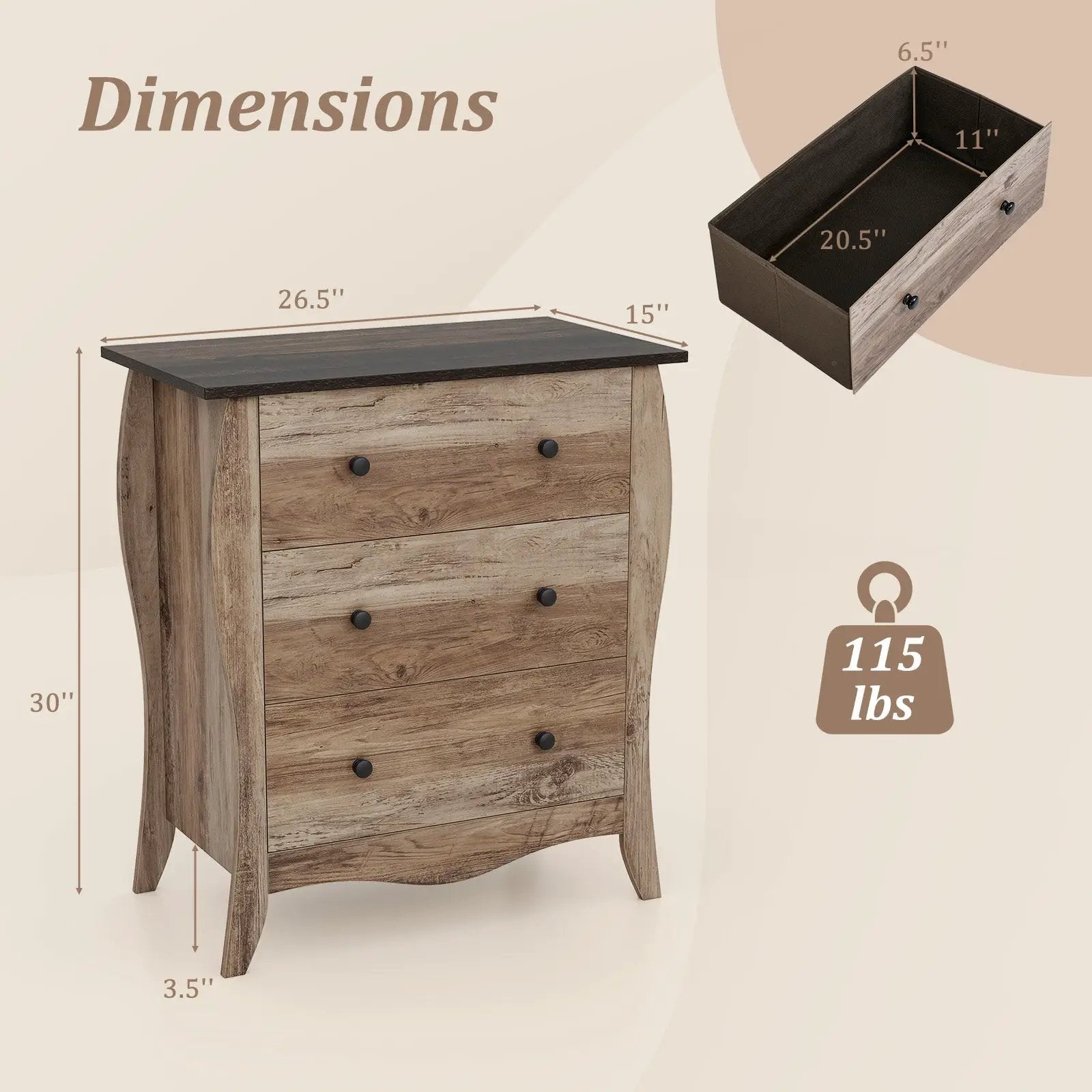 Dresser for Bedroom with 3 Folding Fabric Drawers and Anti-tipping Kit by DirectDeals
