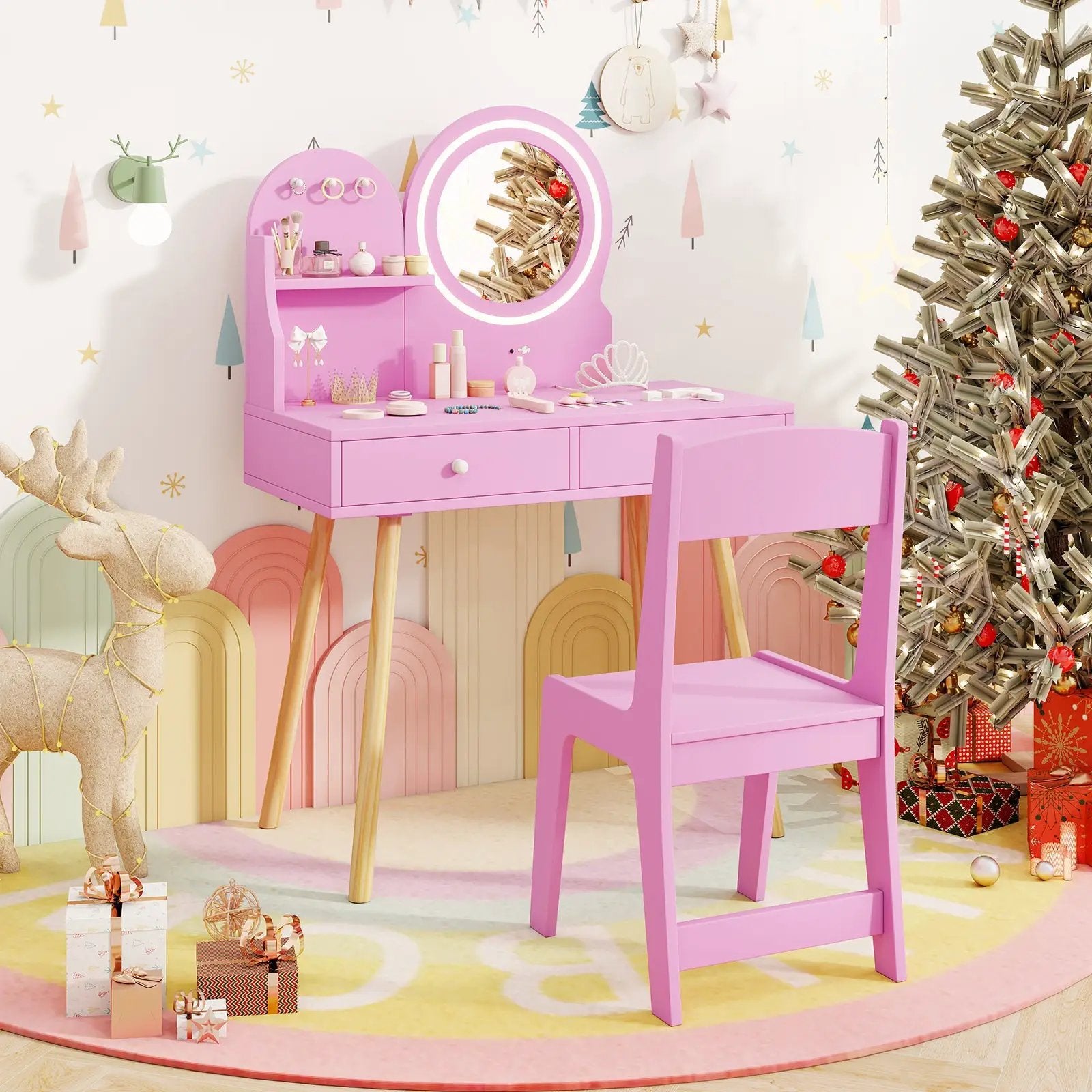 Kids Princess Makeup Dressing Desk and Chair Set with Mirror and Lights by DirectDeals