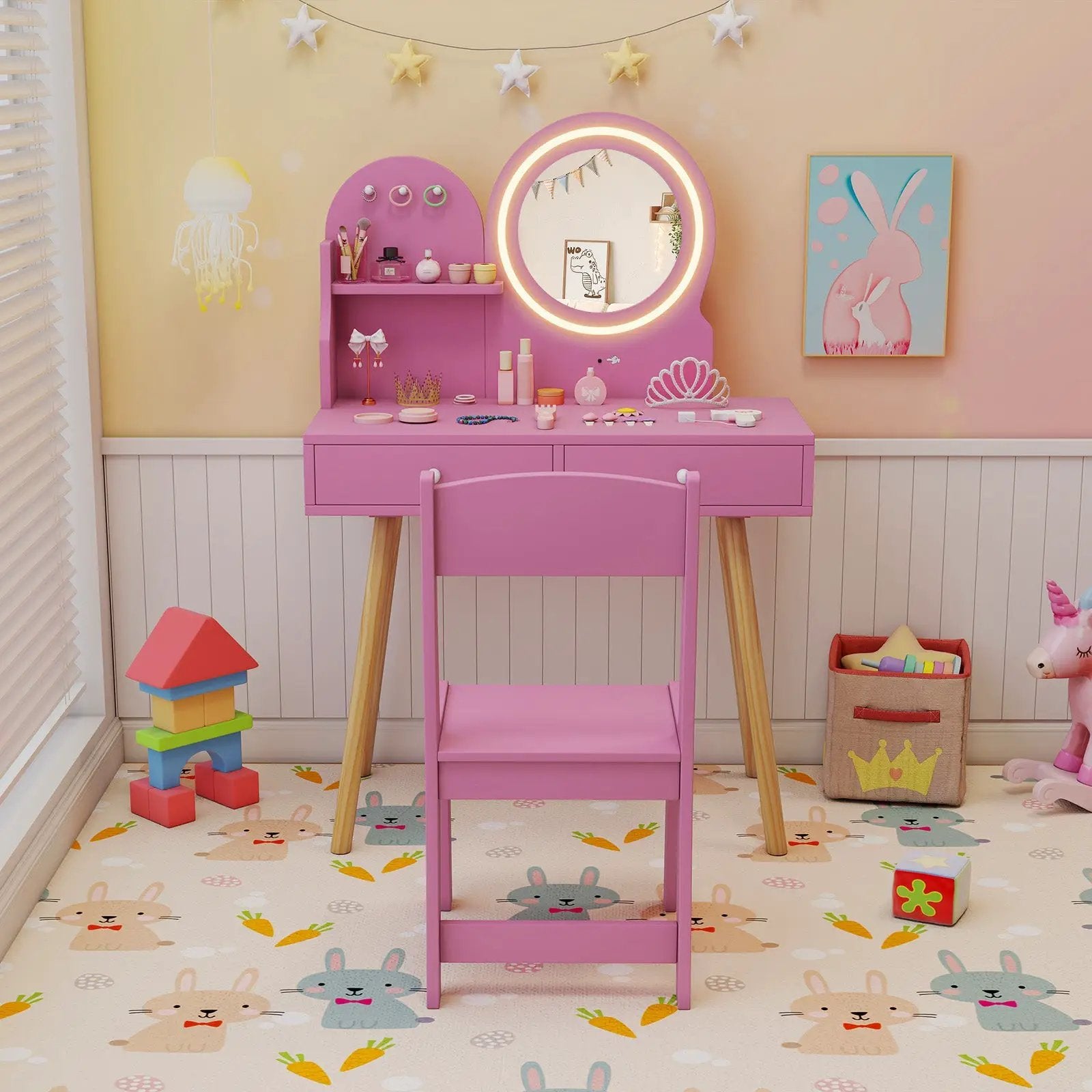 Kids Princess Makeup Dressing Desk and Chair Set with Mirror and Lights by DirectDeals