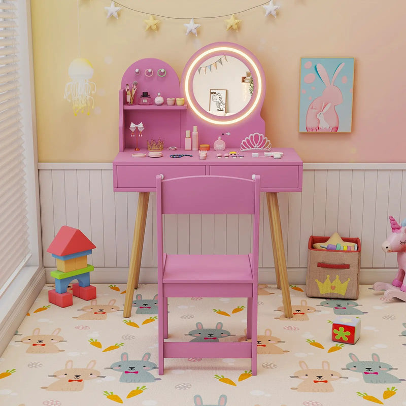 Kids Princess Makeup Dressing Desk and Chair Set with Mirror and Lights by DirectDeals