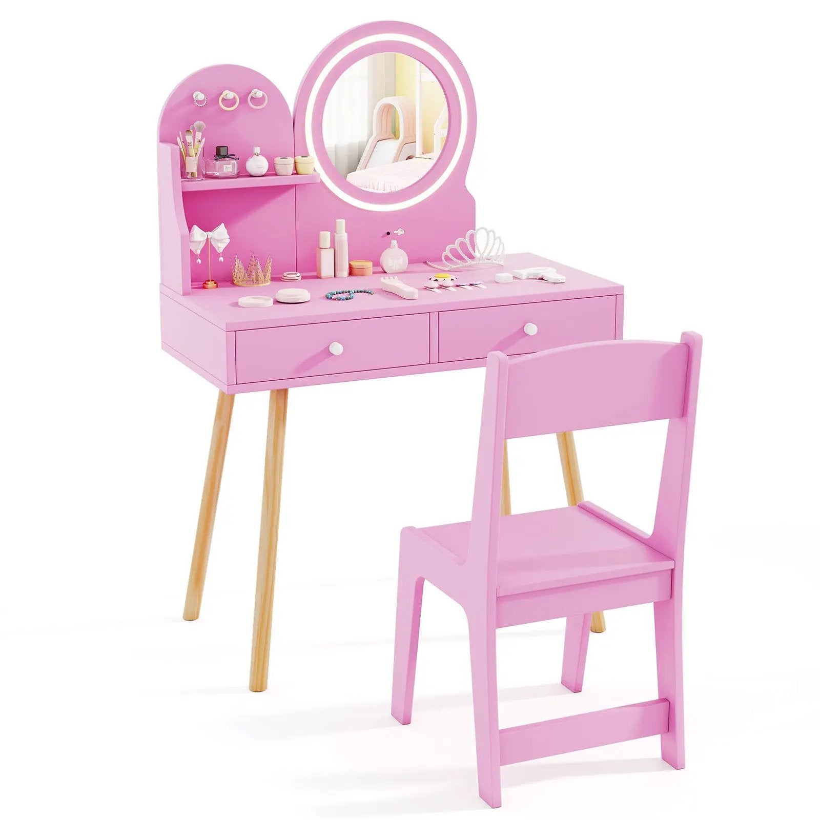 Kids Princess Makeup Dressing Desk and Chair Set with Mirror and Lights by DirectDeals