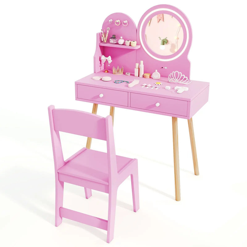 Kids Princess Makeup Dressing Desk and Chair Set with Mirror and Lights by DirectDeals