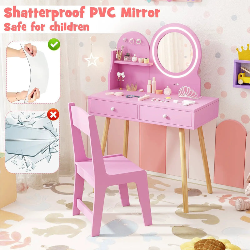 Kids Princess Makeup Dressing Desk and Chair Set with Mirror and Lights by DirectDeals