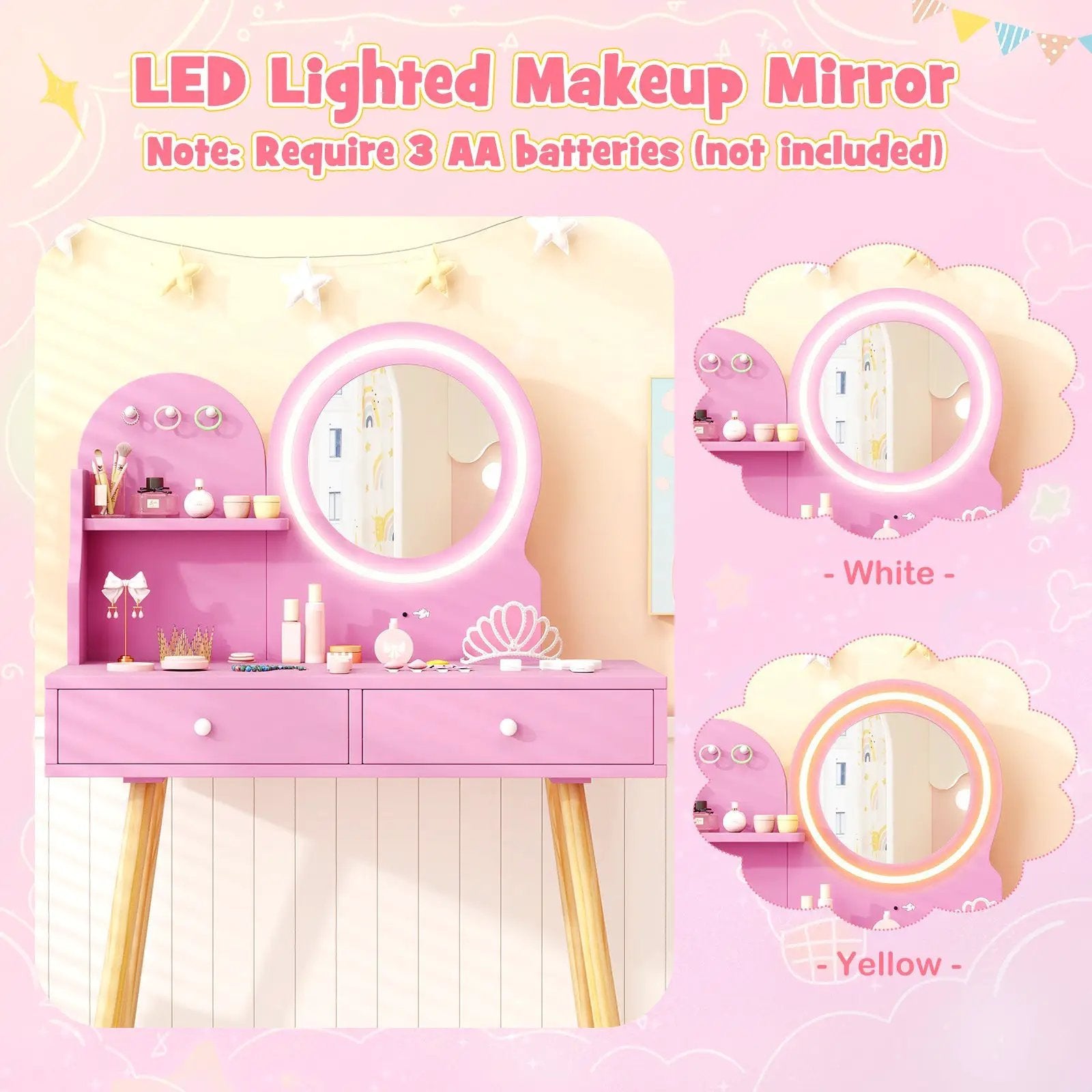 Kids Princess Makeup Dressing Desk and Chair Set with Mirror and Lights by DirectDeals