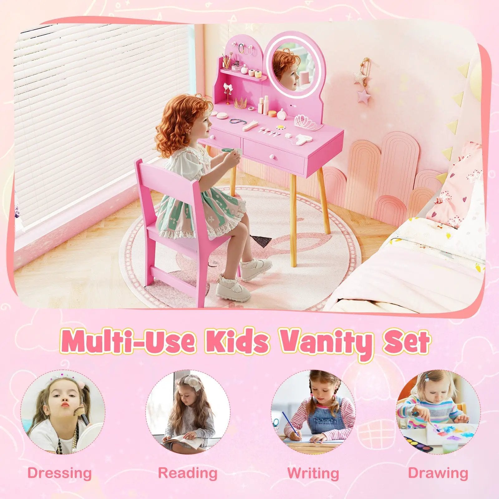Kids Princess Makeup Dressing Desk and Chair Set with Mirror and Lights by DirectDeals
