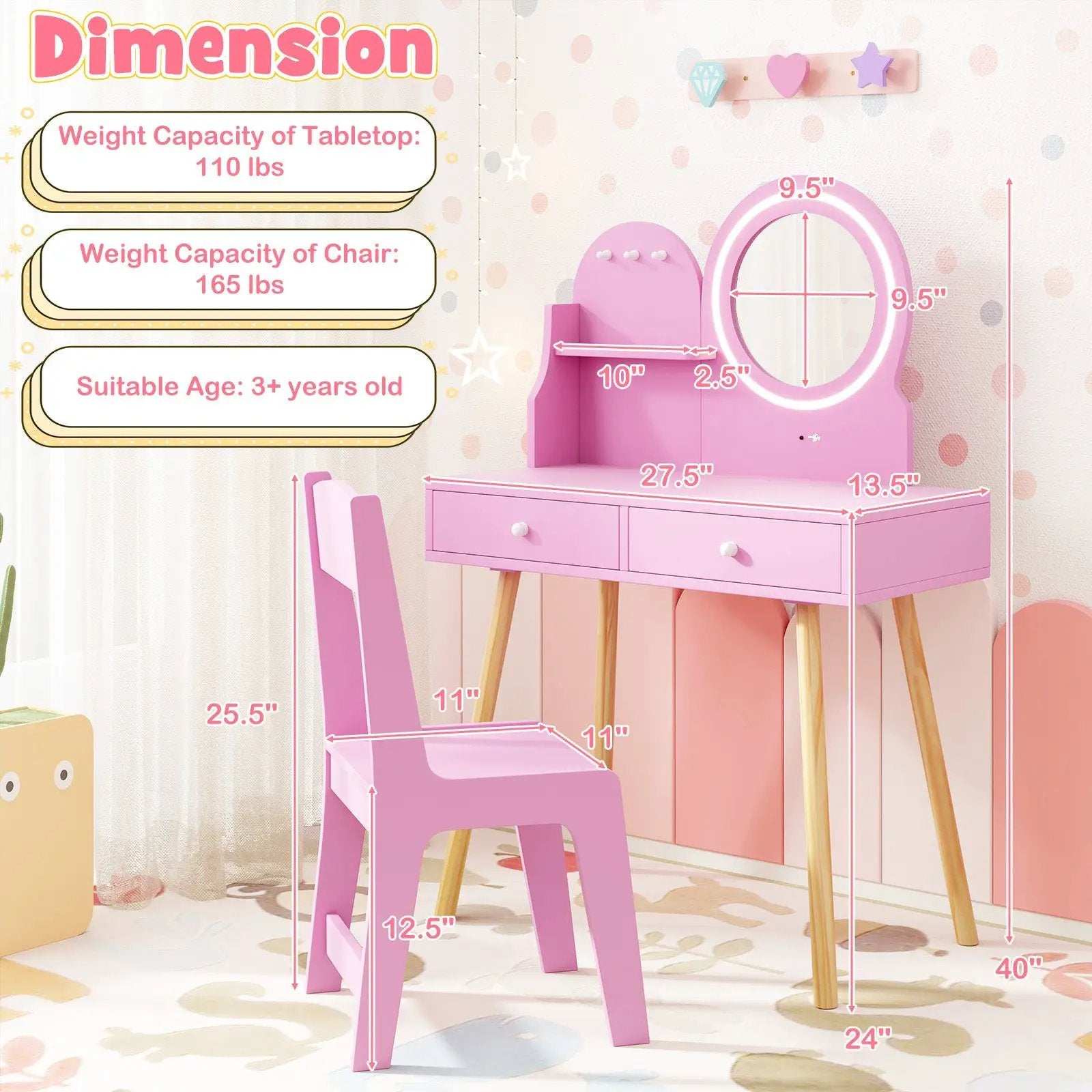 Kids Princess Makeup Dressing Desk and Chair Set with Mirror and Lights by DirectDeals