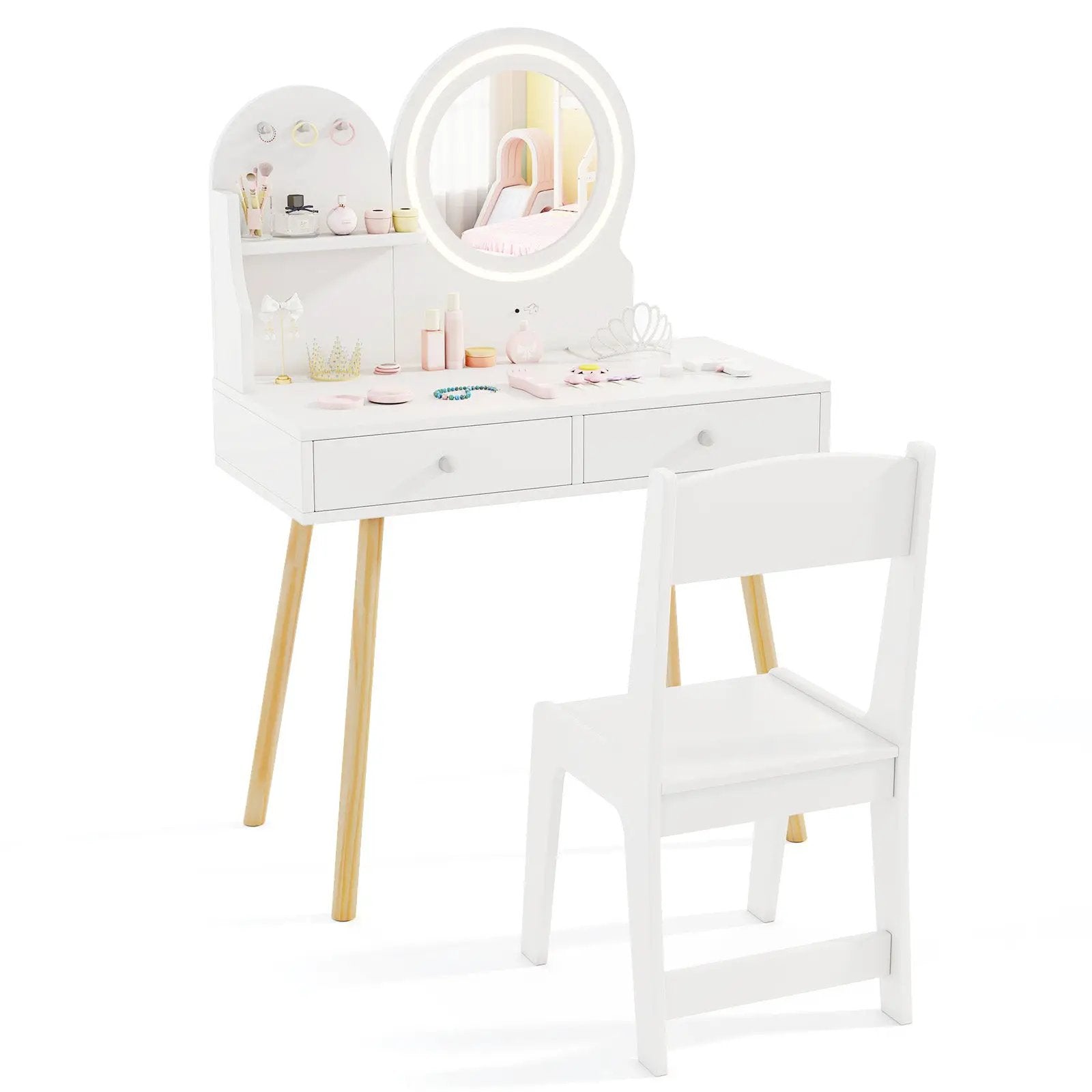 Kids Princess Makeup Dressing Desk and Chair Set with Mirror and Lights by DirectDeals