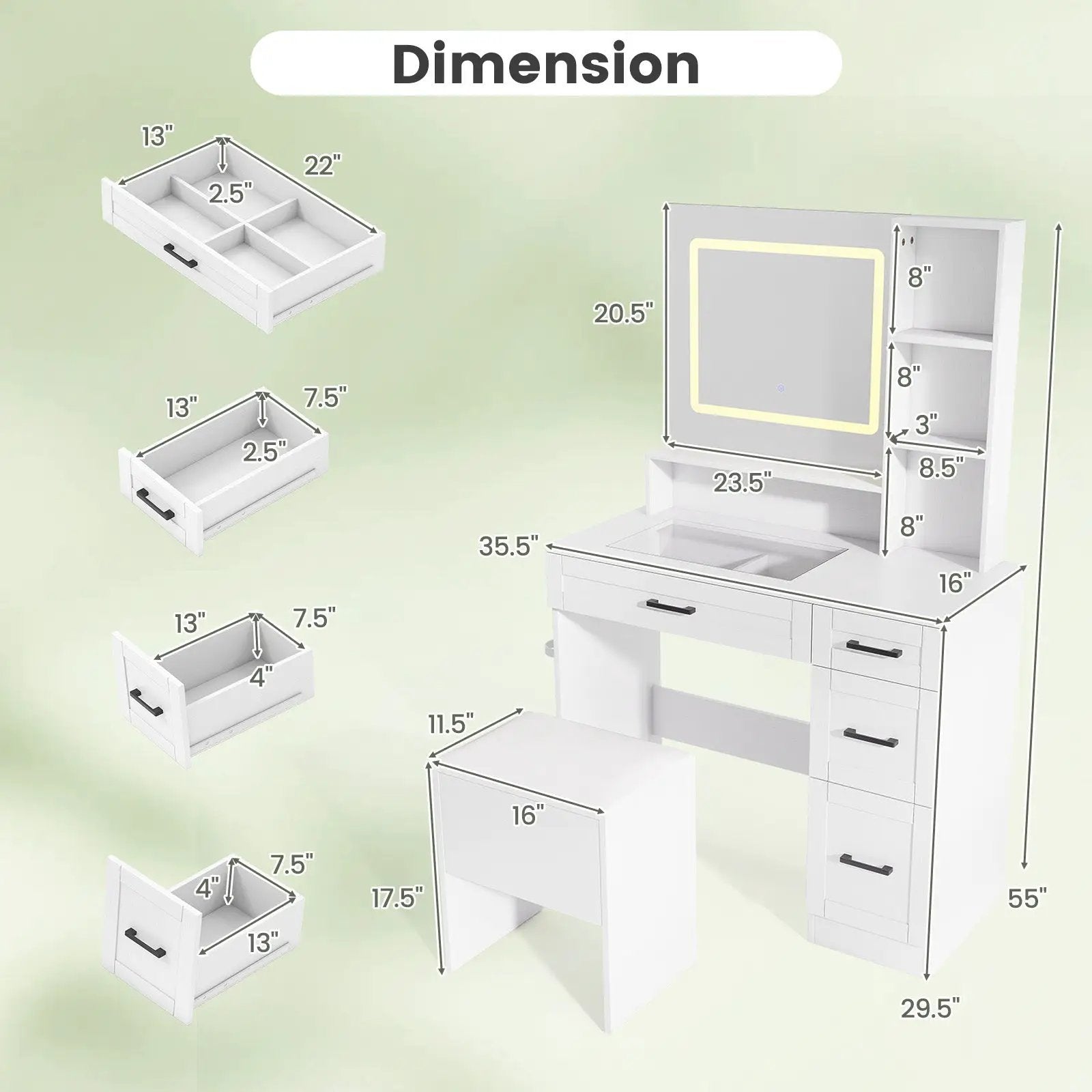 Dressing Desk with 3 Color Lighting and Hair Dryer Stand-White by DirectDeals