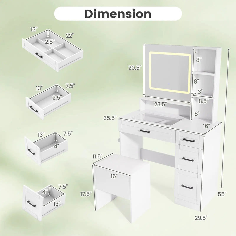 Dressing Desk with 3 Color Lighting and Hair Dryer Stand-White by DirectDeals