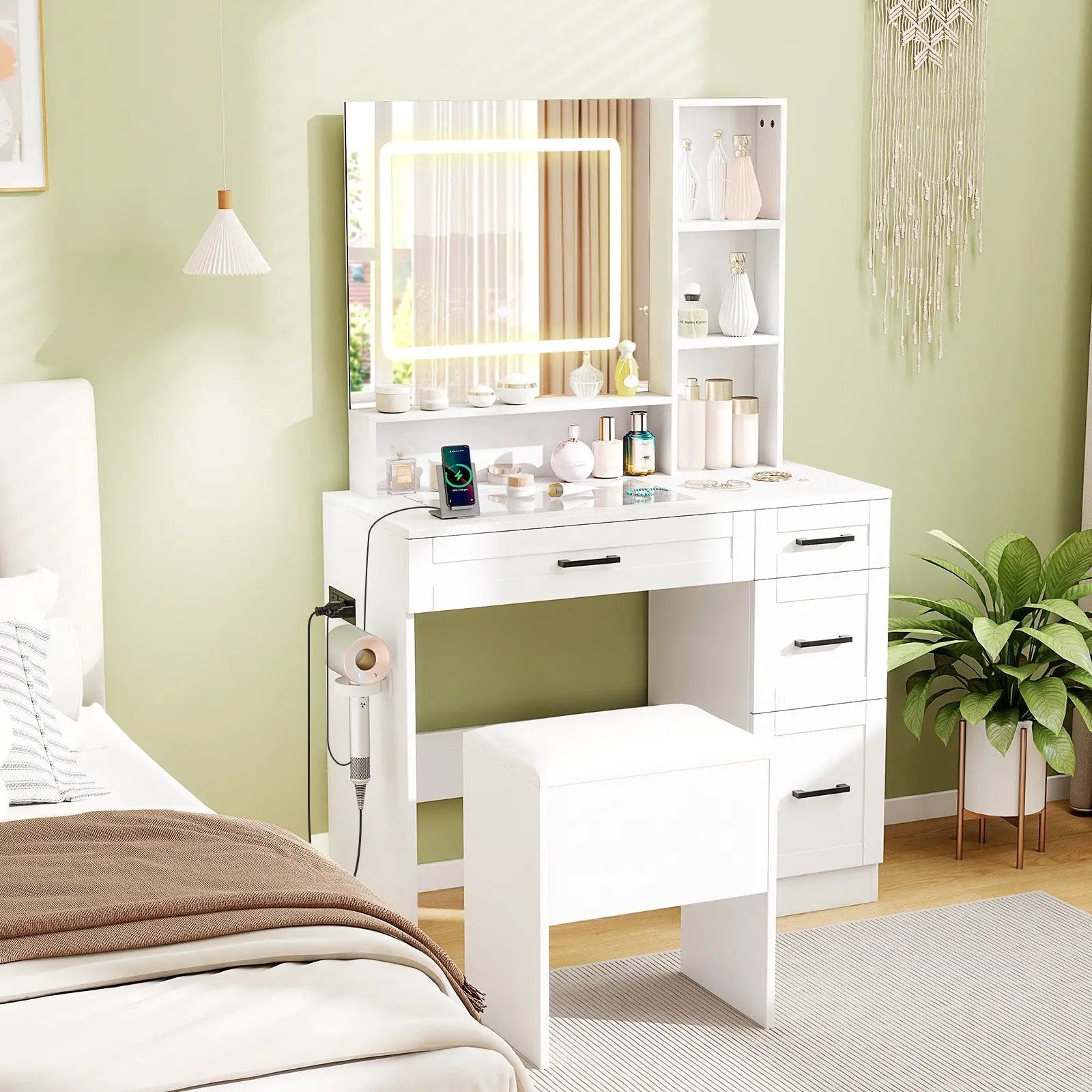 Dressing Desk with 3 Color Lighting and Hair Dryer Stand-White by DirectDeals