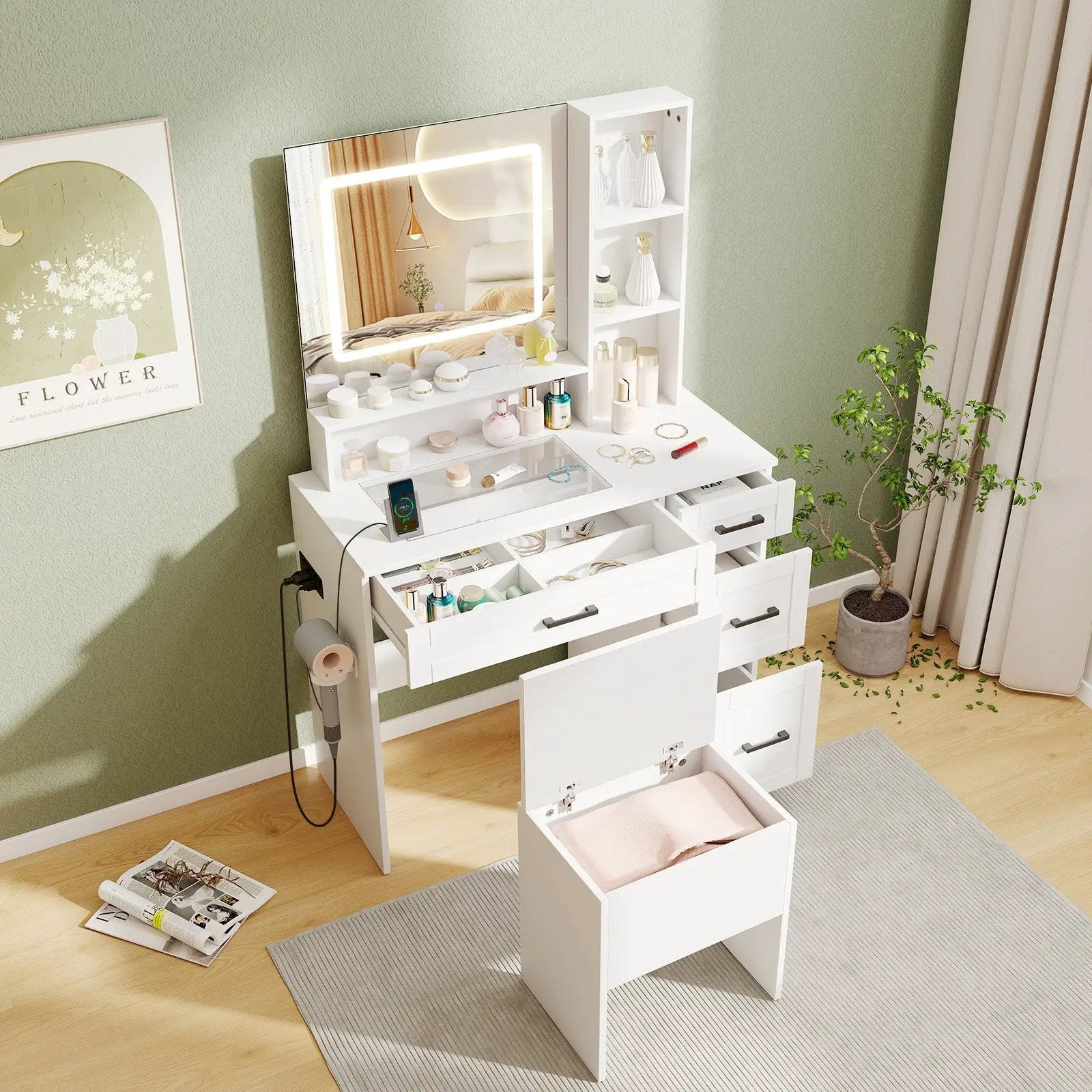 Dressing Desk with 3 Color Lighting and Hair Dryer Stand-White by DirectDeals