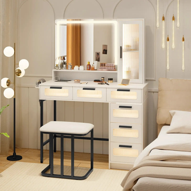Makeup Vanity Dressing Table and Stool Set with Lights and Charging Station-White by DirectDeals