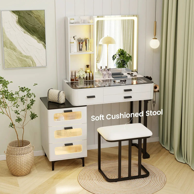Makeup Vanity Dressing Table and Stool Set with Mirror and 3-Color LED Lights-White by DirectDeals