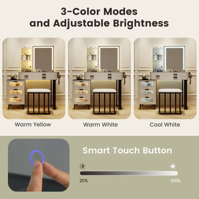 Makeup Vanity Dressing Table and Stool Set with Mirror and 3-Color LED Lights-White by DirectDeals