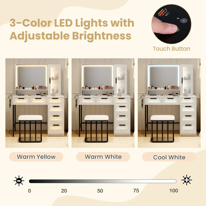 Makeup Vanity Dressing Table and Stool Set with Lights and Charging Station-White by DirectDeals