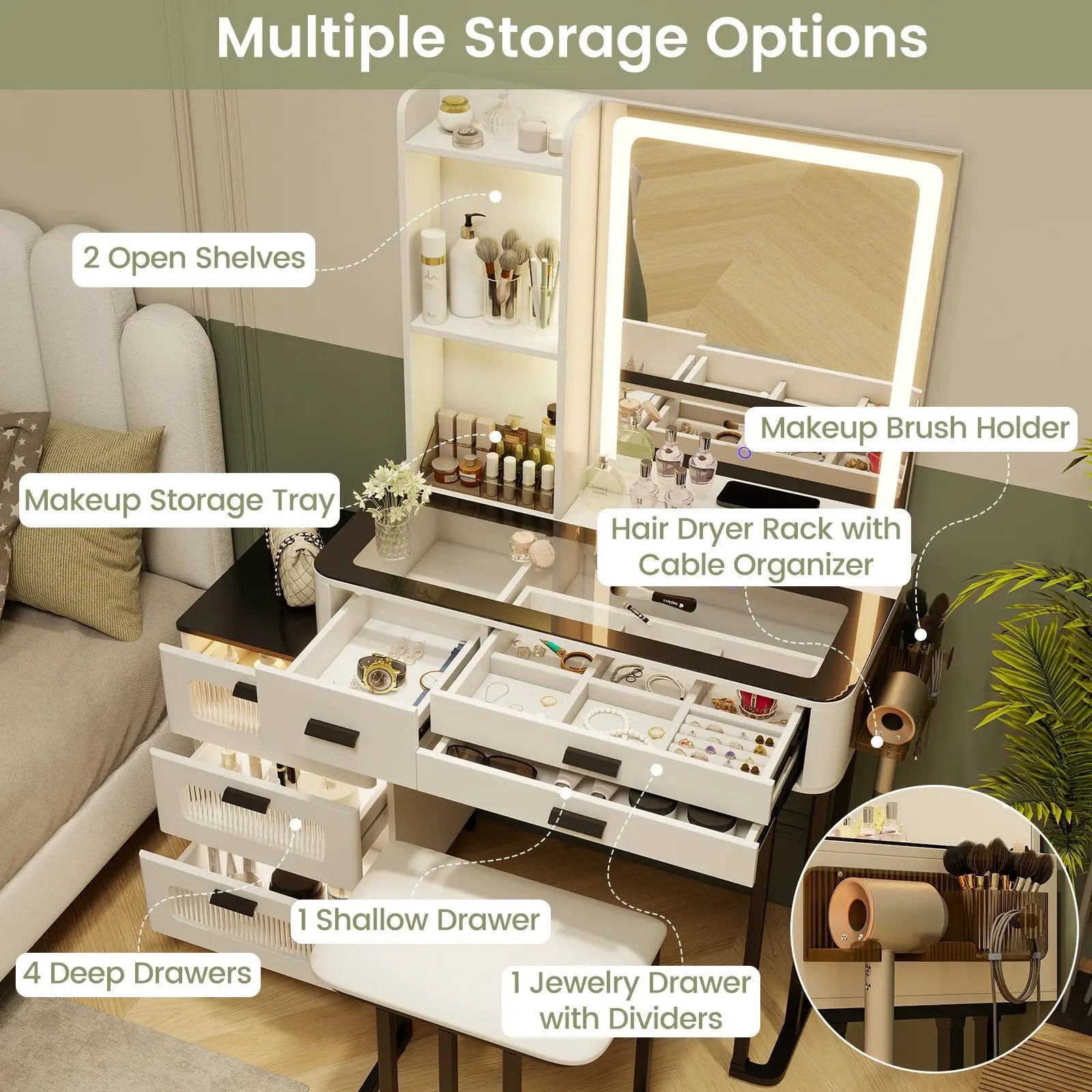 Makeup Vanity Dressing Table and Stool Set with Mirror and 3-Color LED Lights-White by DirectDeals