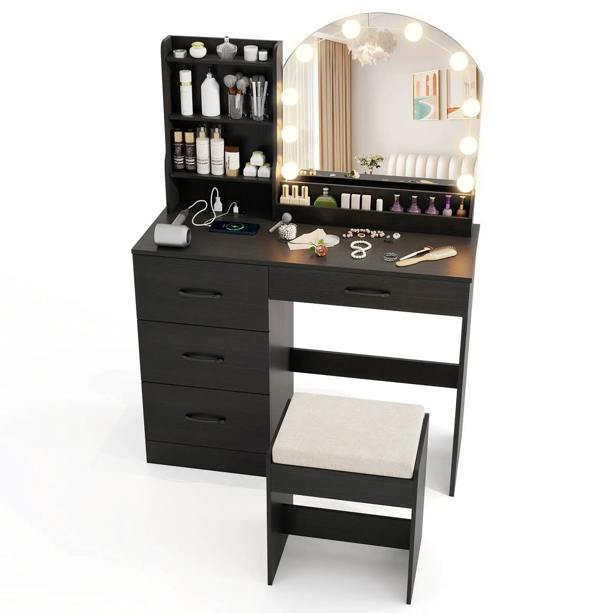 Makeup Vanity Desk Dressing Table and Stool Set with Mirror and Lights, photo 3 of 9