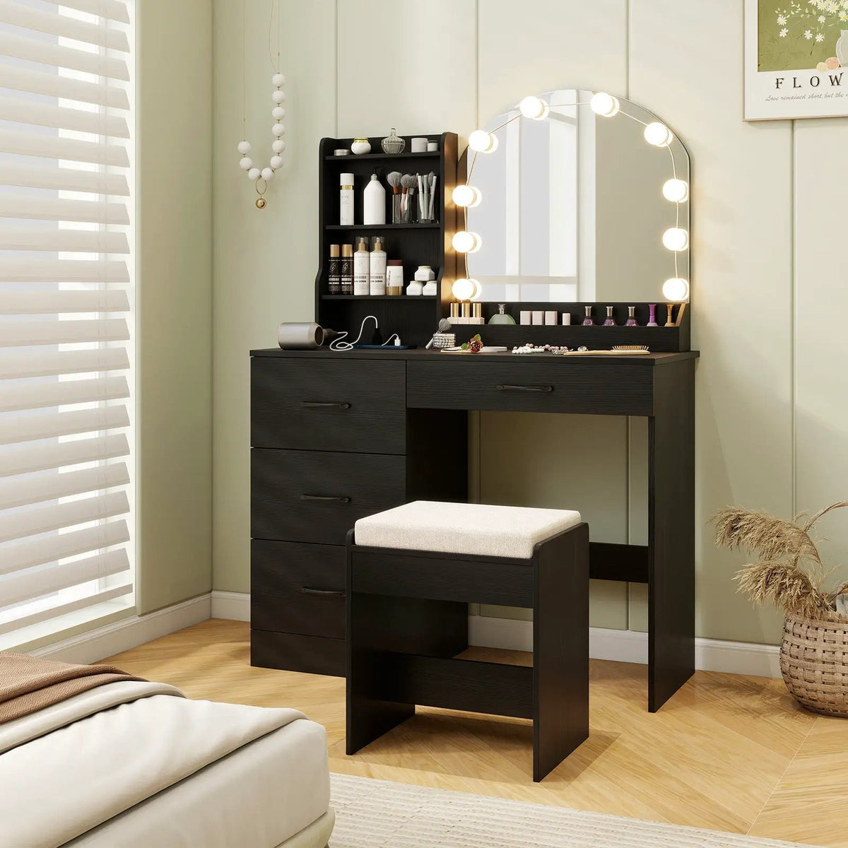 Makeup Vanity Desk Dressing Table and Stool Set with Mirror and Lights, photo 5 of 9