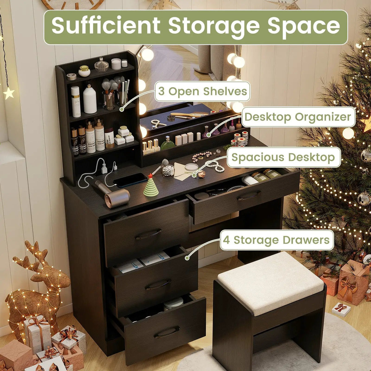Makeup Vanity Desk Dressing Table and Stool Set with Mirror and Lights, photo 7 of 9