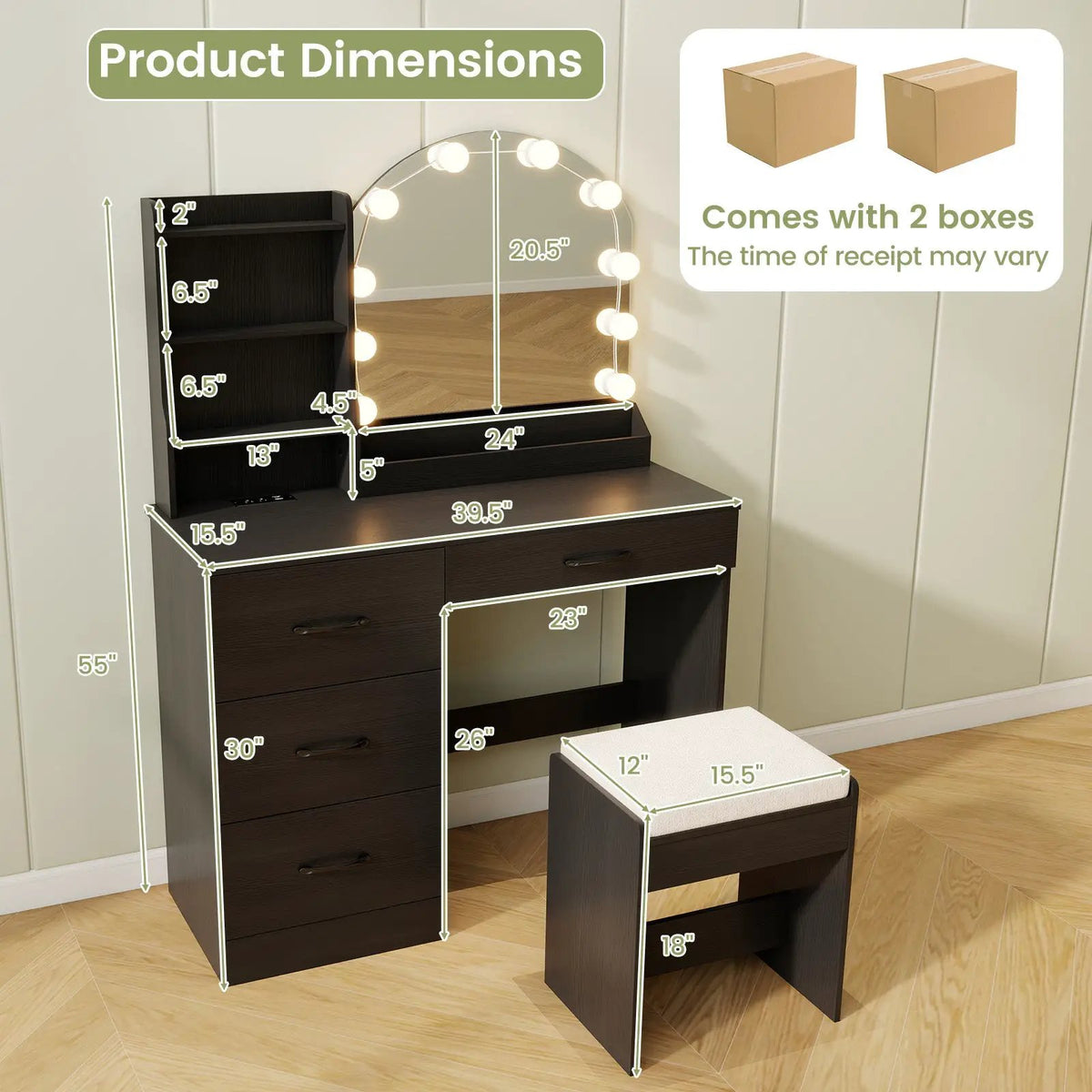 Makeup Vanity Desk Dressing Table and Stool Set with Mirror and Lights, photo 4 of 9