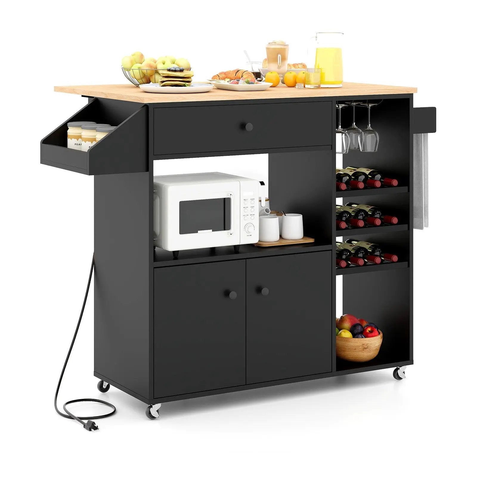 Drop Leaf Mobile Kitchen Island Cart with Power Outlet and Adjustable Shelf-Rustic Brown by DirectDeals