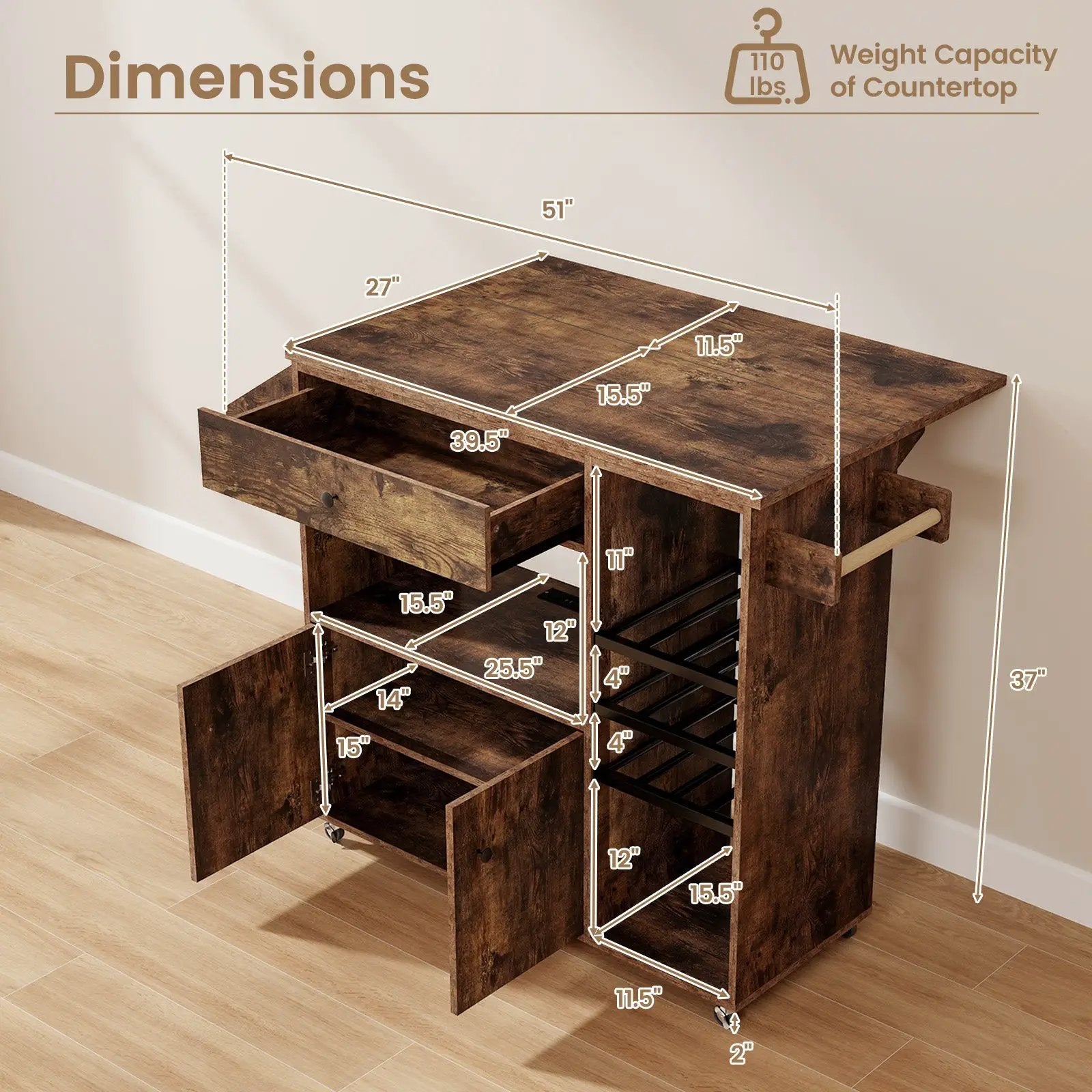 Drop Leaf Mobile Kitchen Island Cart with Power Outlet and Adjustable Shelf-Rustic Brown by DirectDeals