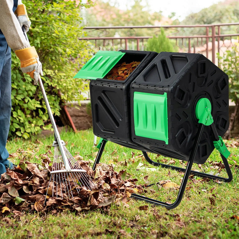 Dual Chamber Garden Compost Tumbler with Sliding Doors-Black & Green by DirectDeals