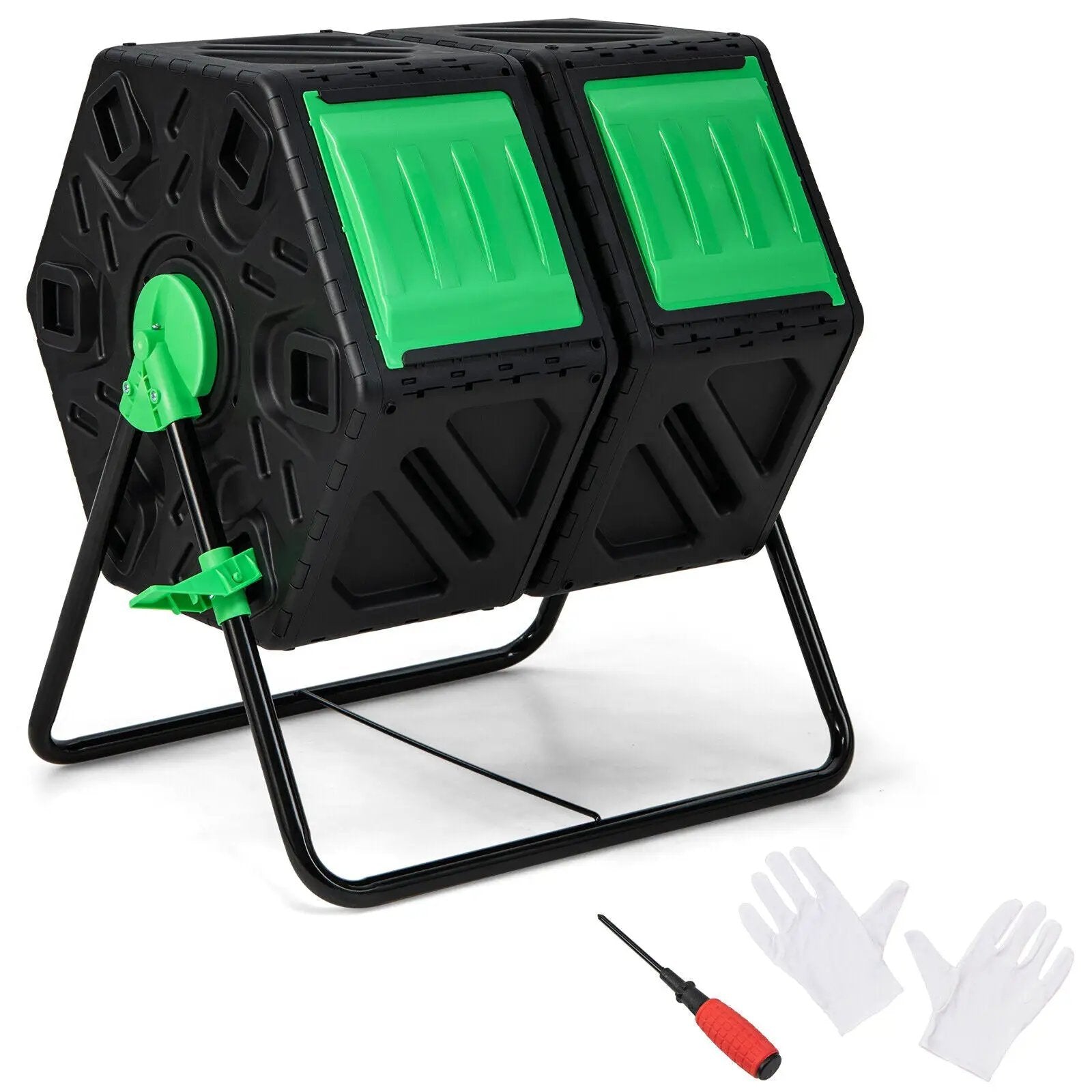 Dual Chamber Garden Compost Tumbler with Sliding Doors-Black & Green by DirectDeals