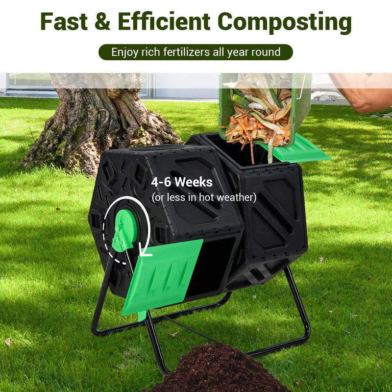 Dual Chamber Garden Compost Tumbler with Sliding Doors-Black & Green by DirectDeals