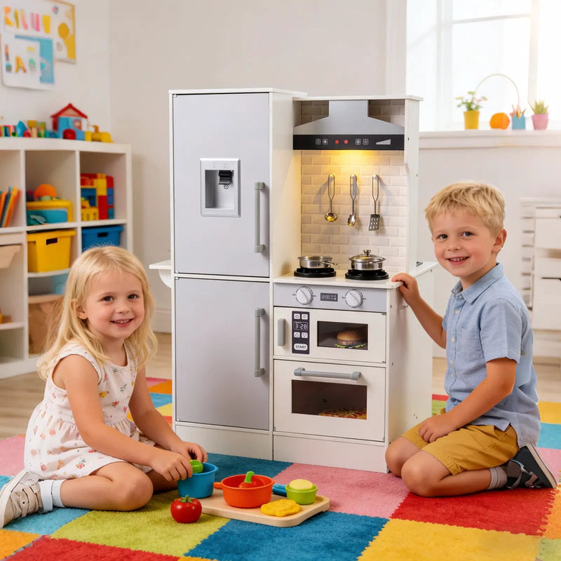 Dual-Sided Kids Play Kitchen with Water Dispenser and Range Hood for 3+ Years Old by DirectDeals