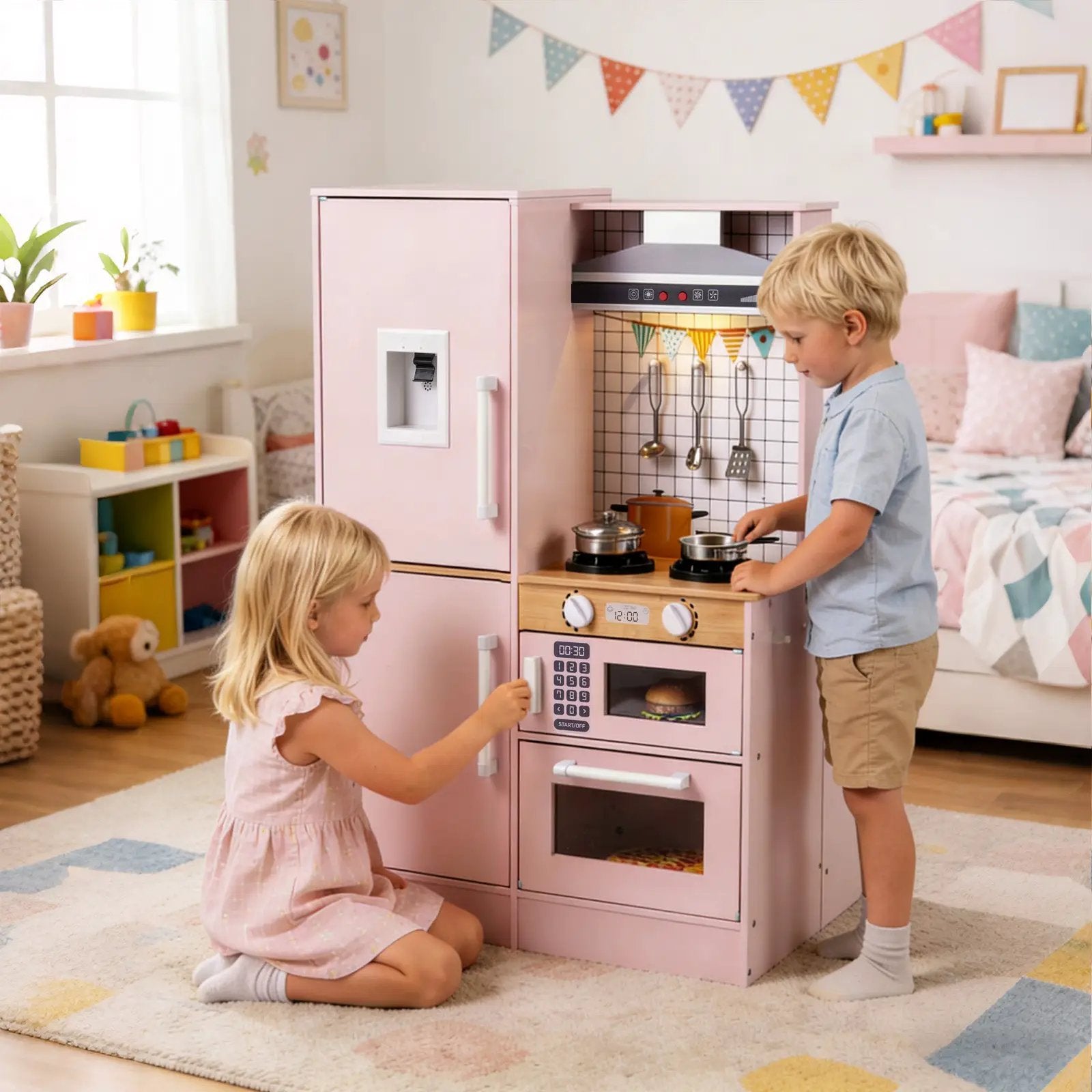 Dual-Sided Kids Play Kitchen with Water Dispenser and Range Hood for 3+ Years Old by DirectDeals