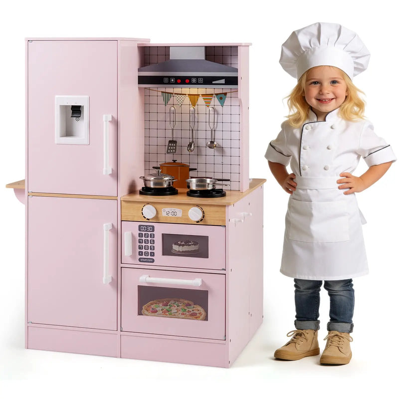 Dual-Sided Kids Play Kitchen with Water Dispenser and Range Hood for 3+ Years Old by DirectDeals