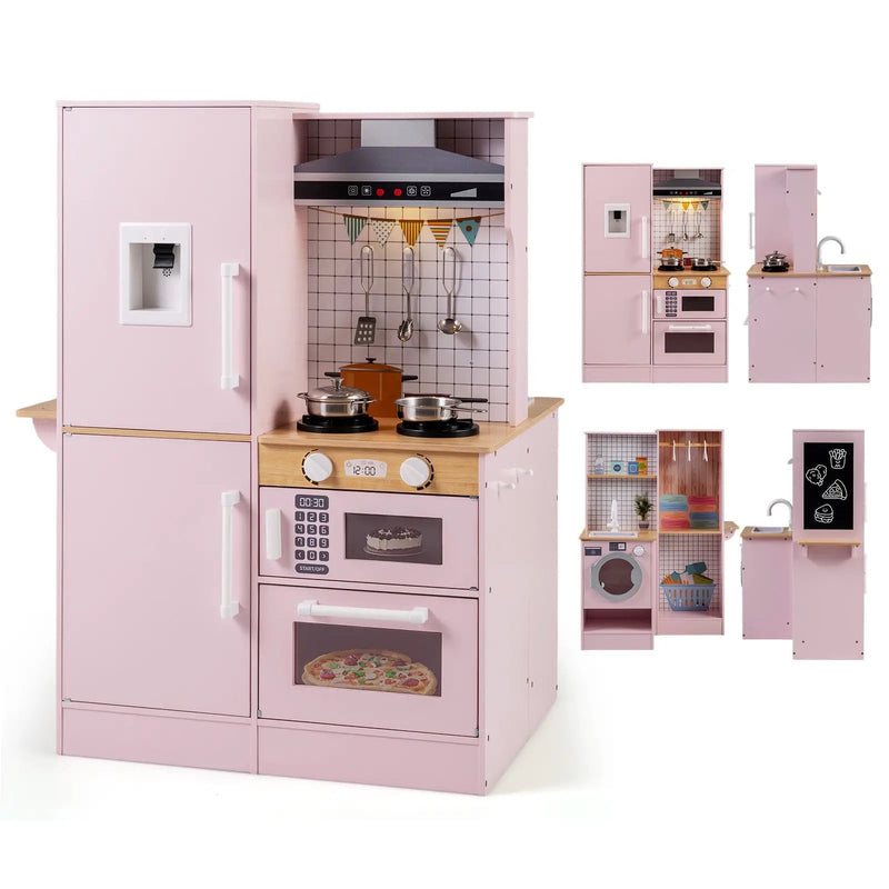 Dual-Sided Kids Play Kitchen with Water Dispenser and Range Hood for 3+ Years Old by DirectDeals