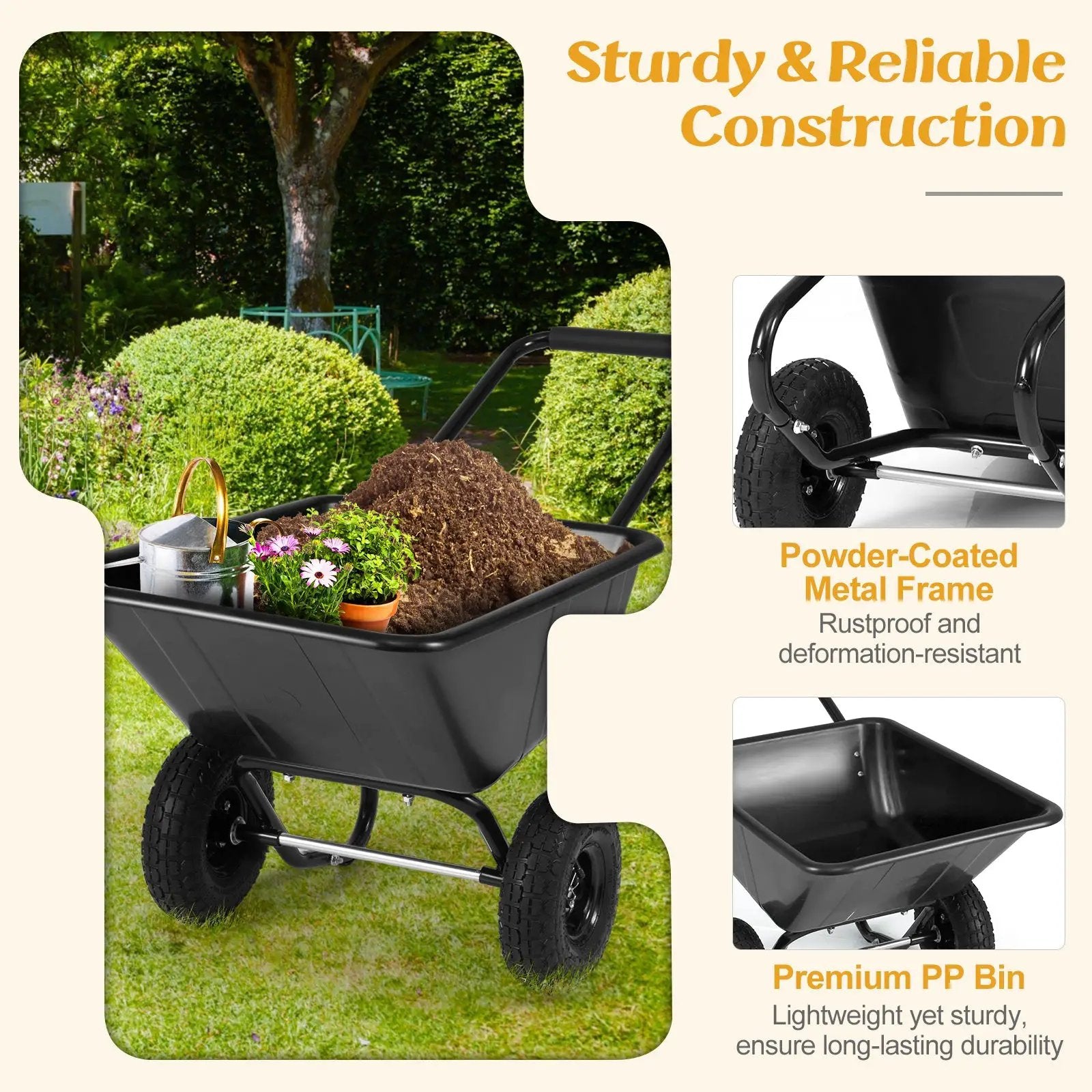 Dual-Wheel Wheelbarrow Garden Utility Cart with Pneumatic Tires by DirectDeals