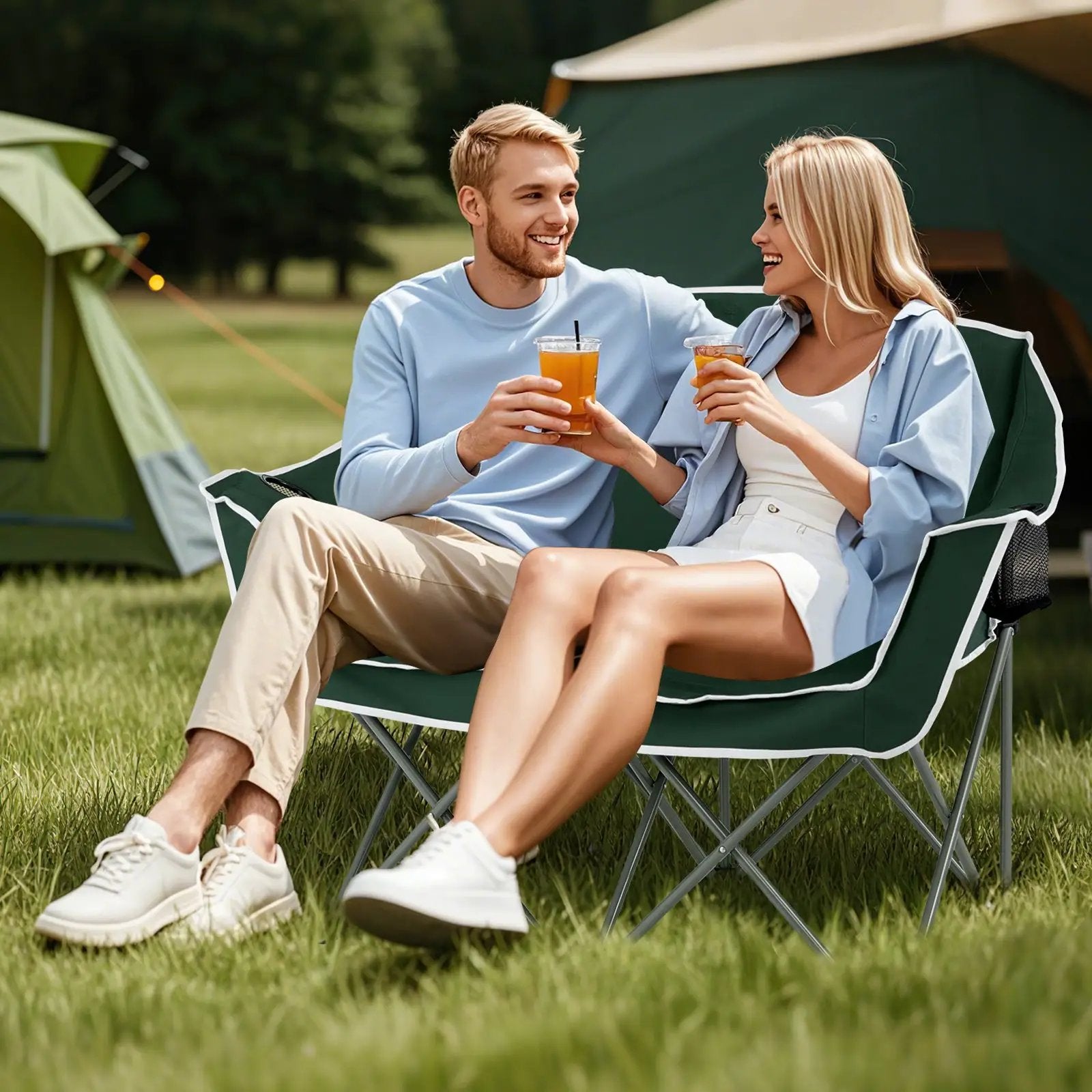 Duo Camping Chair Portable Oversized Loveseat with Armrests and Cup Holders-Green by DirectDeals