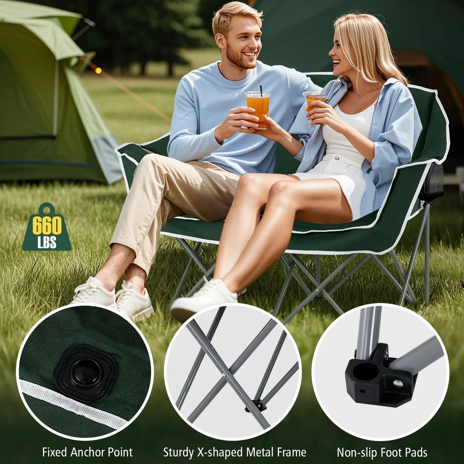 Duo Camping Chair Portable Oversized Loveseat with Armrests and Cup Holders-Green by DirectDeals