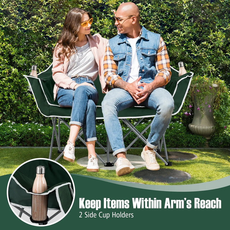 Duo Camping Chair Portable Oversized Loveseat with Armrests and Cup Holders-Green by DirectDeals