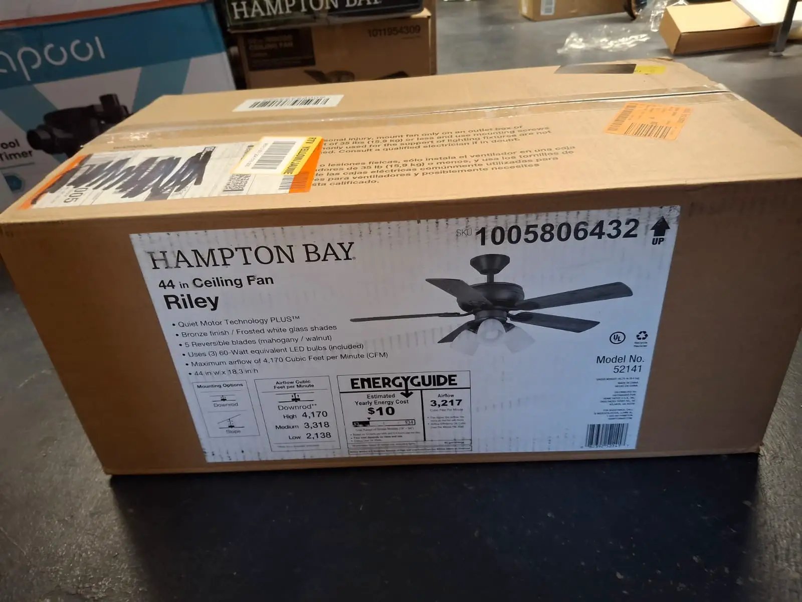 Open Box Hampton Bay Riley 44 in. Indoor LED Bronze Dry Rated Downrod Ceiling Fan with 5 Reversible Blades, Light Kit and Remote Control by Selzalot
