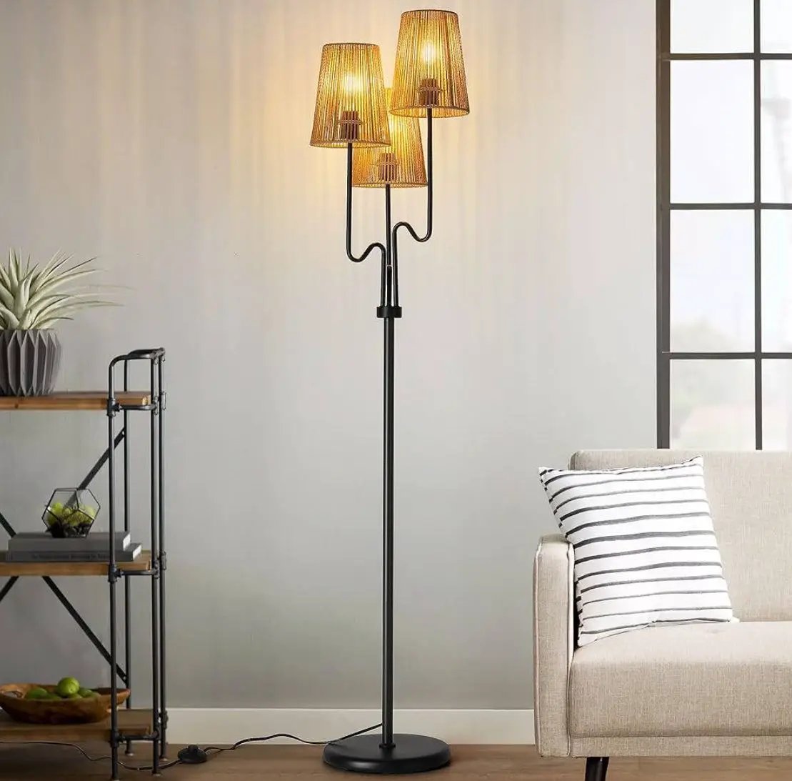Boho Floor Lamp, 68in. Rattan Floor Lamp with Rattan Shade, 3 Light Tree Standing Lamp for Bedroom,Nursery, E26 Socket, Living Room Floor Lamp for Rus by Selzalot