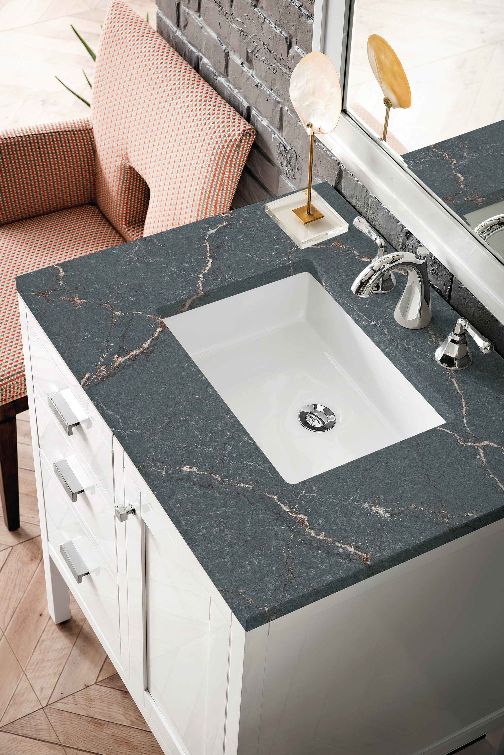 James Martin Addison 30" Single Bathroom Vanity, Glossy White with Parisien Bleu countertop
