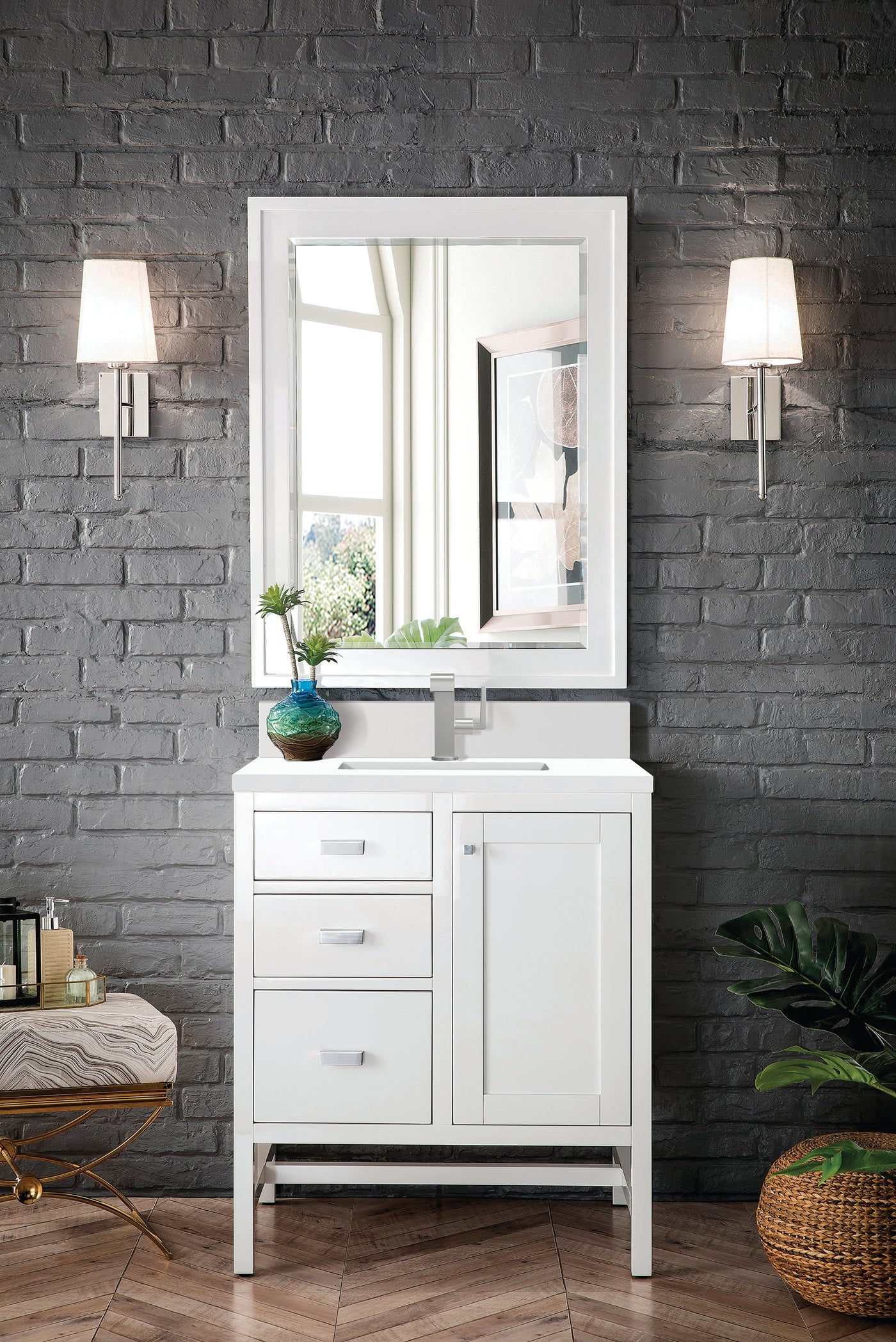 James Martin Addison 30" Single Bathroom Vanity, Glossy White with White Zeus (Single Hole, with Backsplash) countertop
