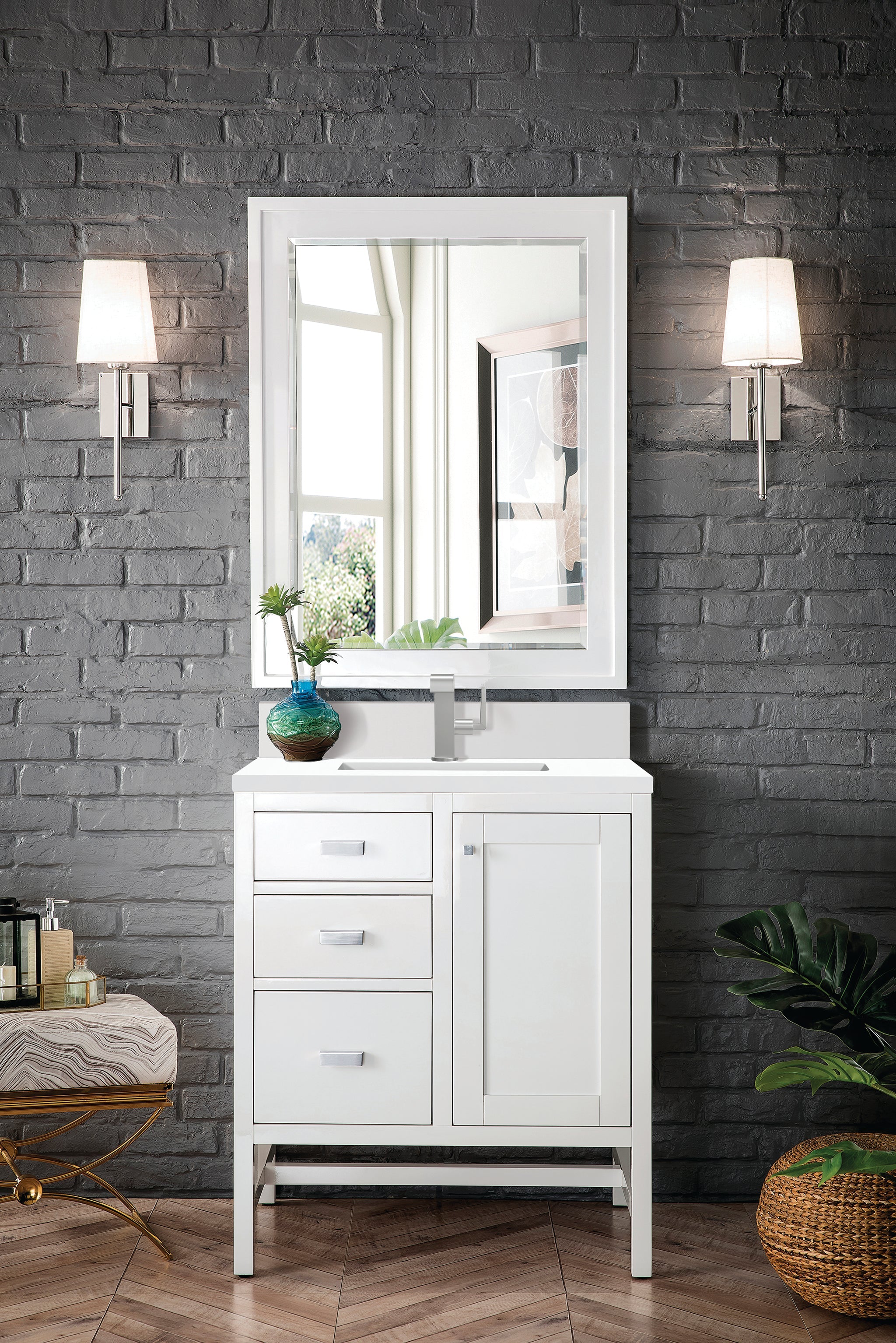 James Martin Addison 30" Single Bathroom Vanity, Glossy White with White Zeus (Single Hole, with Backsplash) countertop