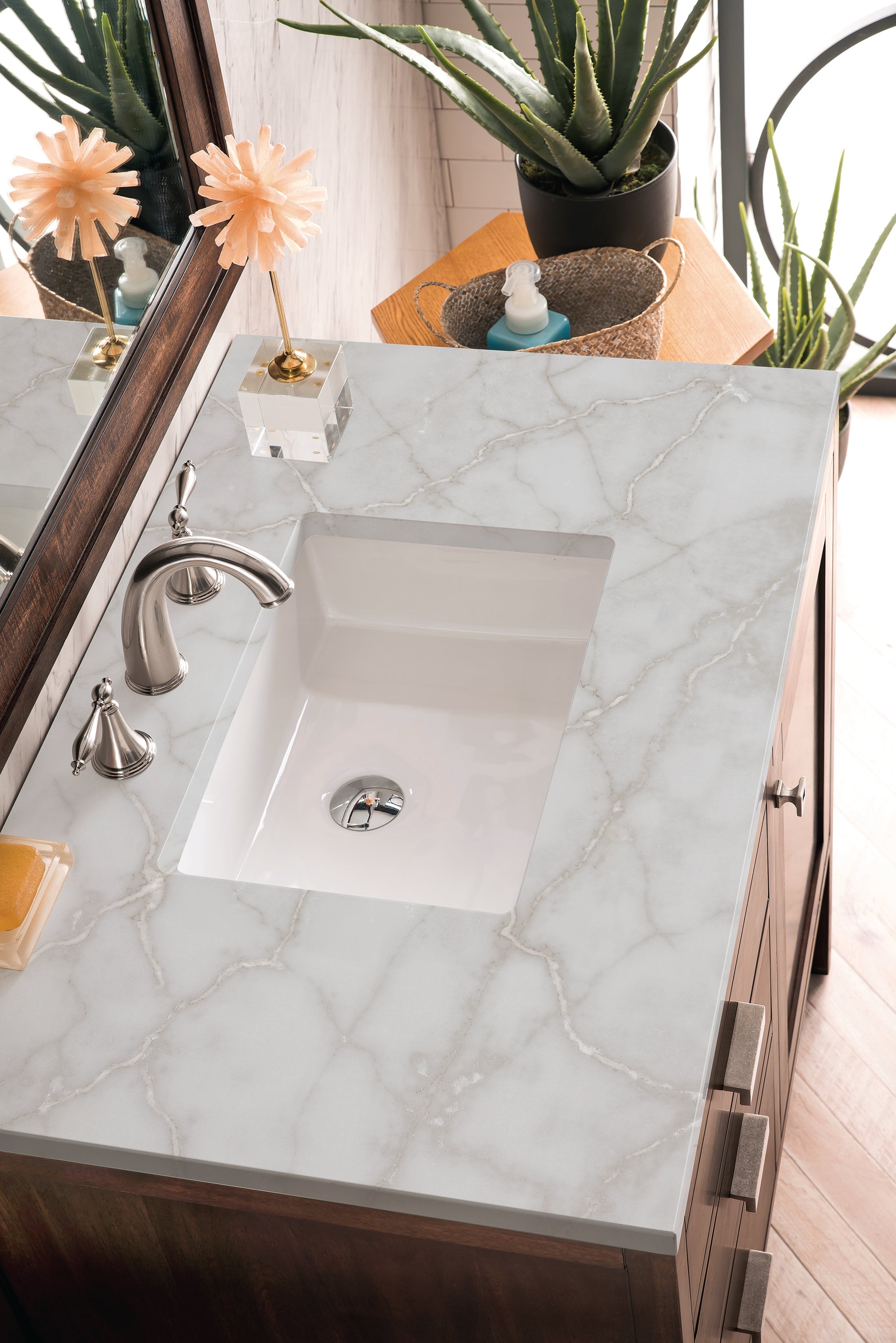 James Martin Addison 36" Single Bathroom Vanity, Mid-Century Acacia with Victorian Silver countertop