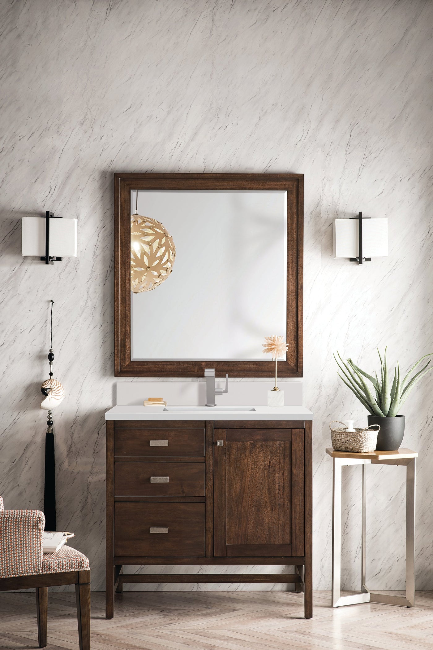 James Martin Addison 36" Single Bathroom Vanity, Mid-Century Acacia with White Zeus (Single Hole, with Backsplash) countertop