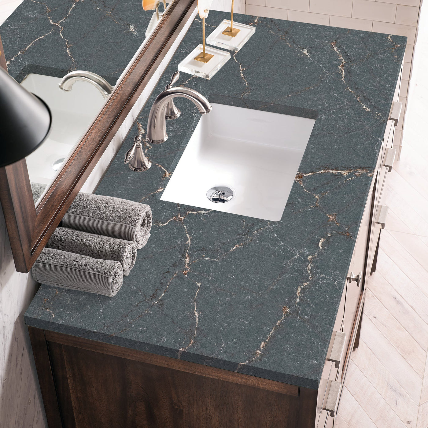 James Martin Addison 48" Single Bathroom Vanity, Mid-Century Acacia with Parisien Bleu countertop