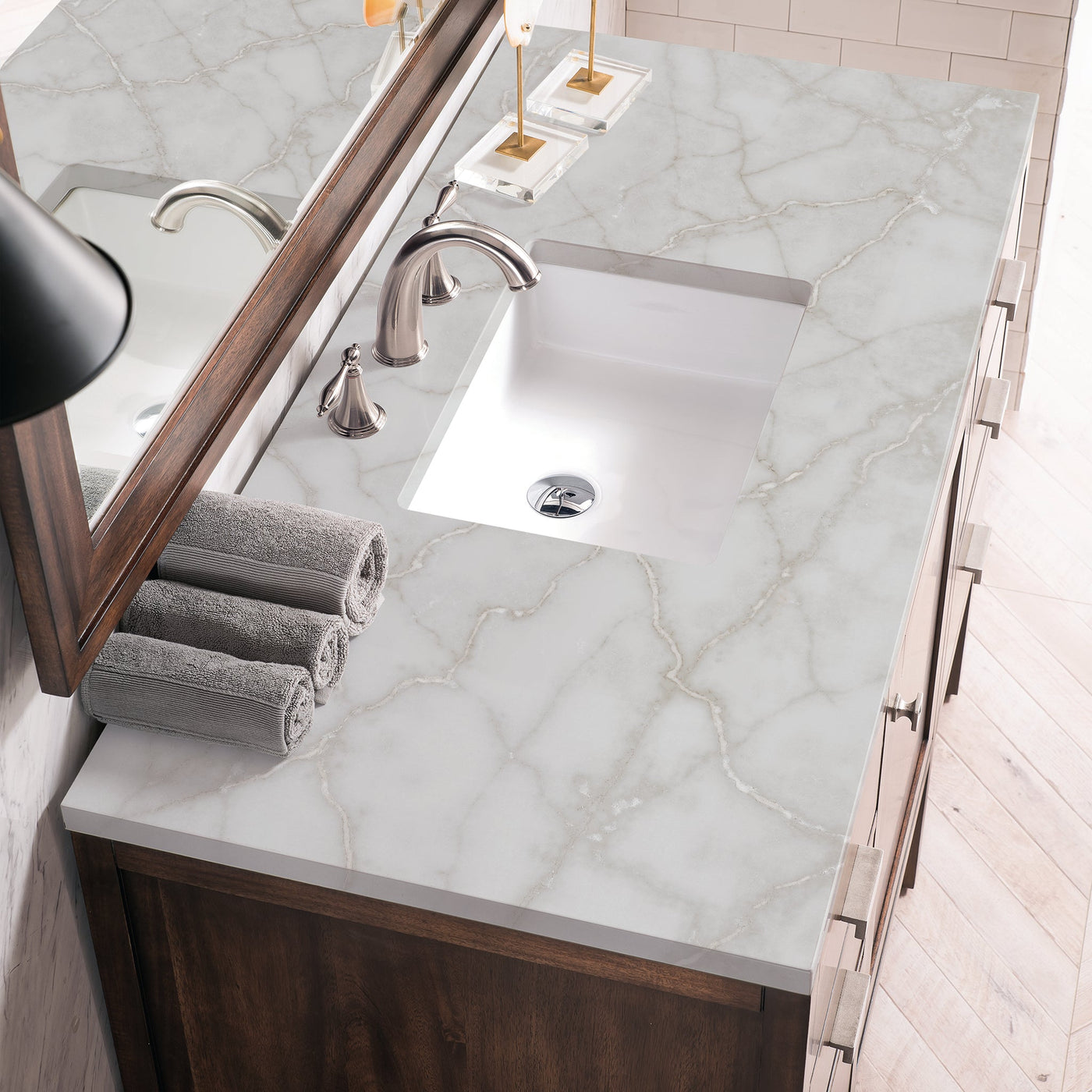 James Martin Addison 48" Single Bathroom Vanity, Mid-Century Acacia with Victorian Silver countertop