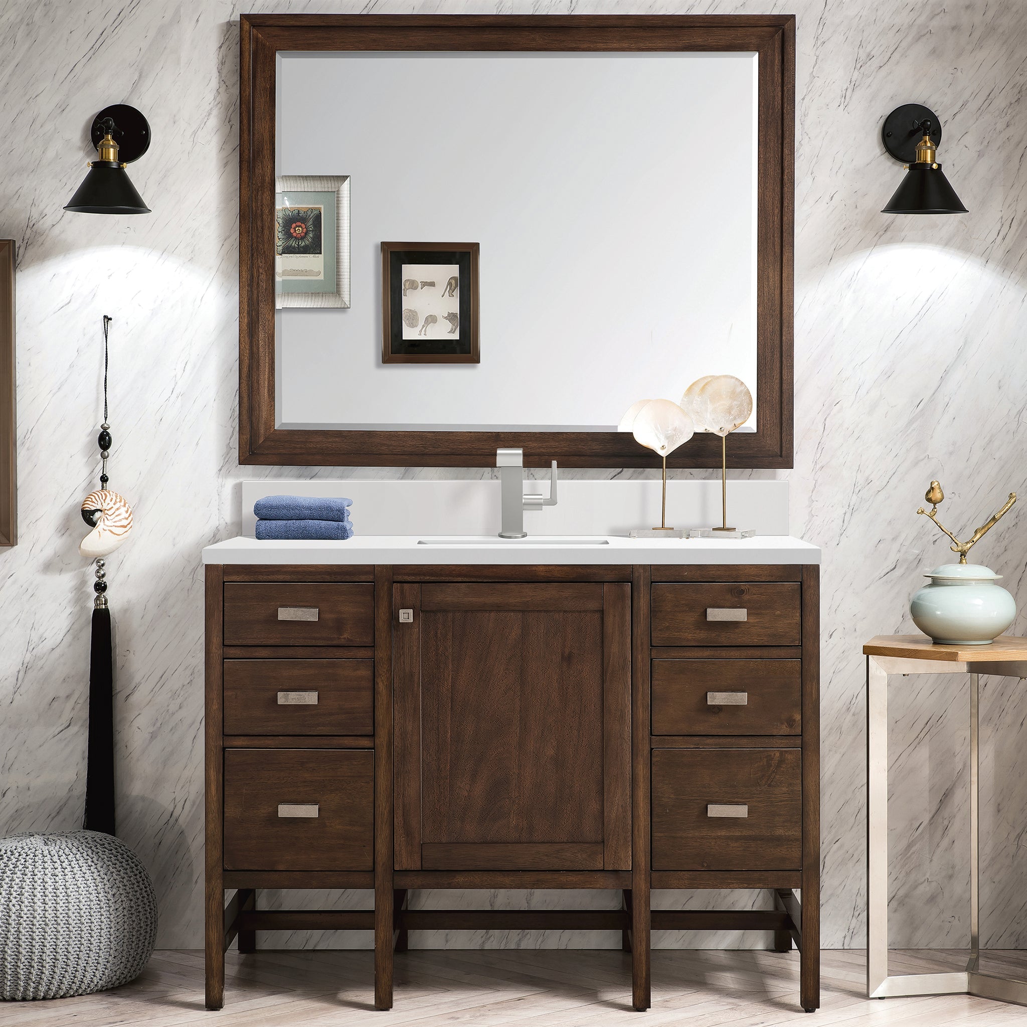 James Martin Addison 48" Single Bathroom Vanity, Mid-Century Acacia with White Zeus (Single Hole, with Backsplash) countertop