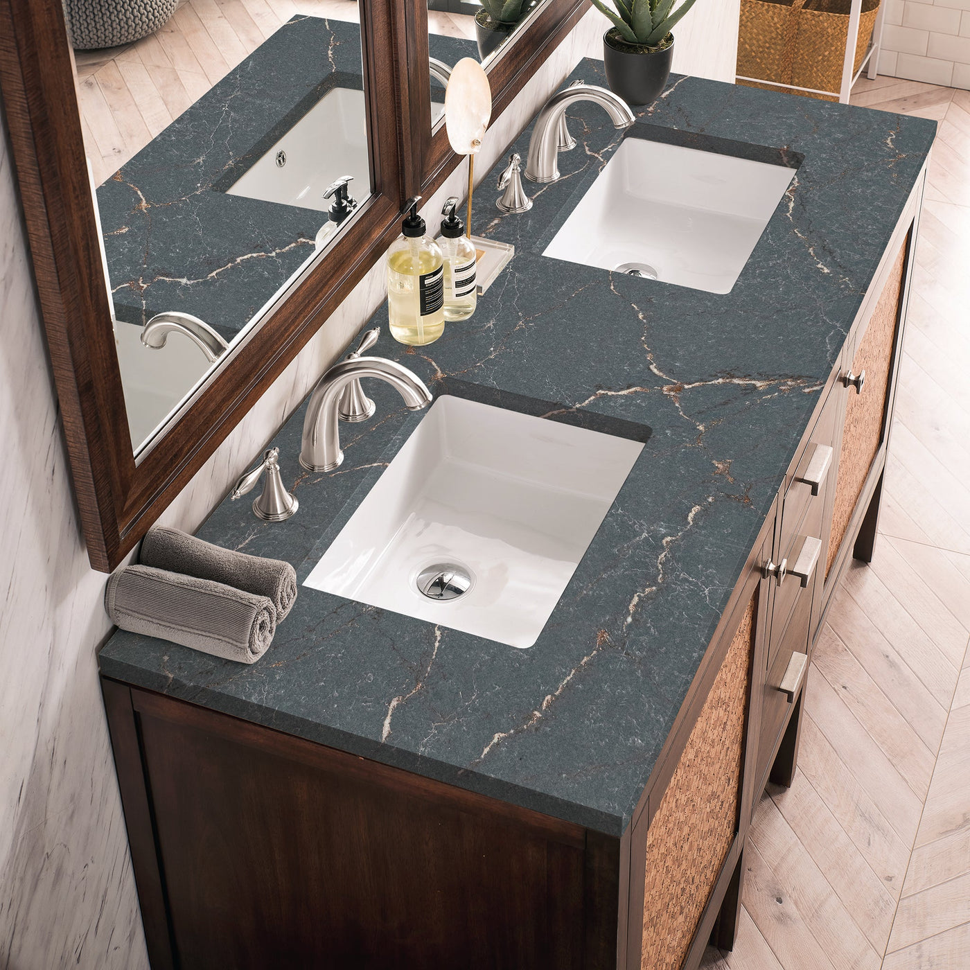 James Martin Addison 60" Single Bathroom Vanity, Mid-Century Acacia with Parisien Bleu countertop